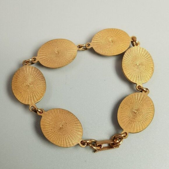 Vintage Black Cabochon and Copper Color Six Panel Chain Bracelet, 7 1/2 Inches - Picture 3 of 6